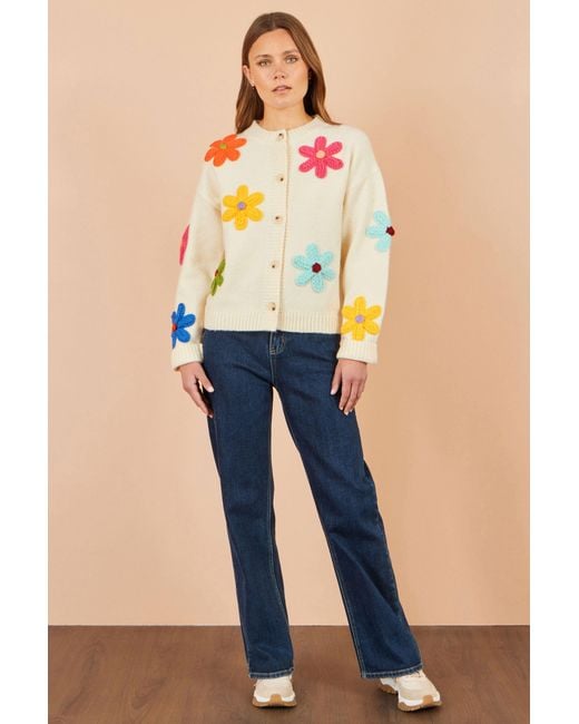 Yumi' White Knitted Flower Applique Cardigan