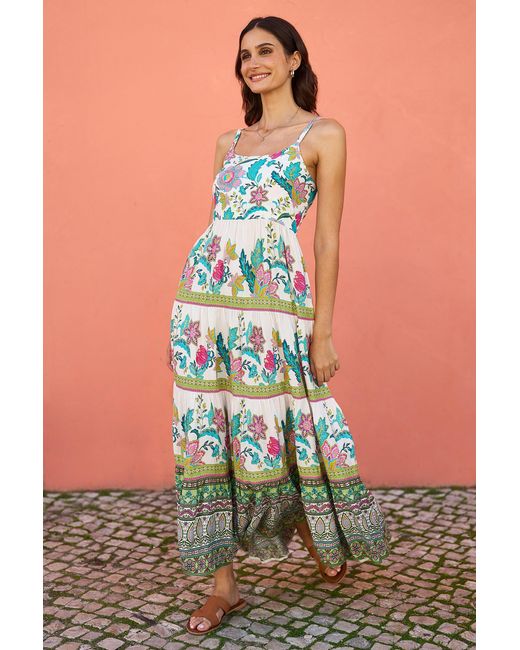 Yumi' Green Floral Block Print Tiered Maxi Sun Dress