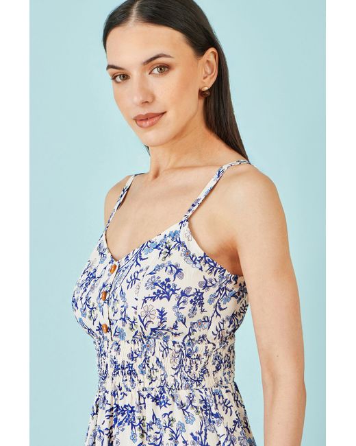 Yumi' Blue Floral Border Print Viscose Midi Sun Dress