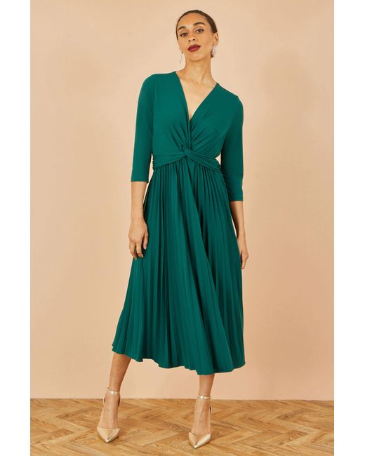 Yumi' Green Jersey Knot Waist Pleated Midi Dress