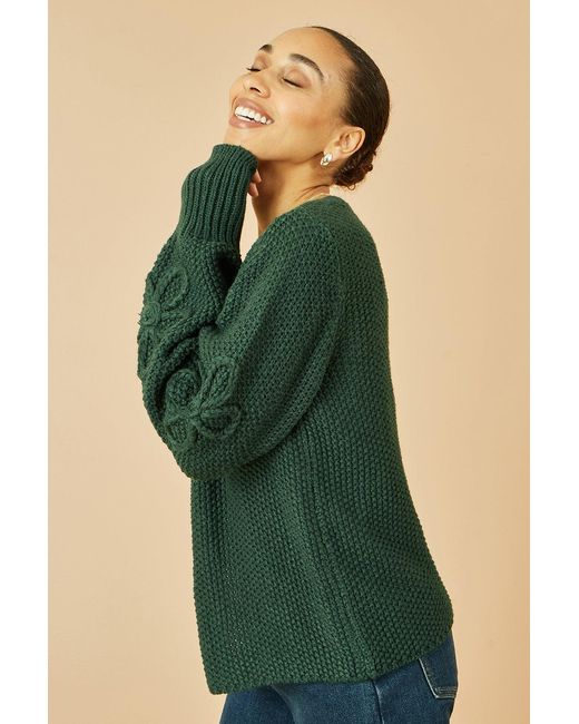Yumi' Green Edge To Edge Cardigan With Flower Detail Sleeves