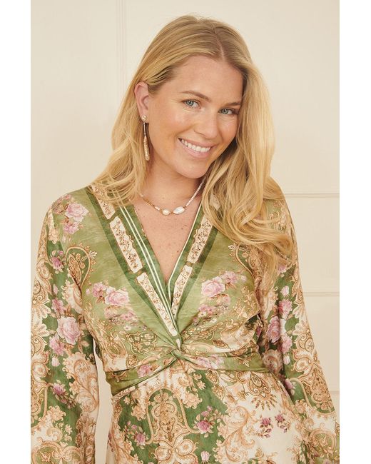 Yumi' Natural Viscose Scarf Print Tie Front Midi Dress With Dip Hem