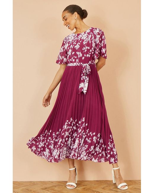 Yumi' Purple Mirror Floral Design Pleated Midi Dress