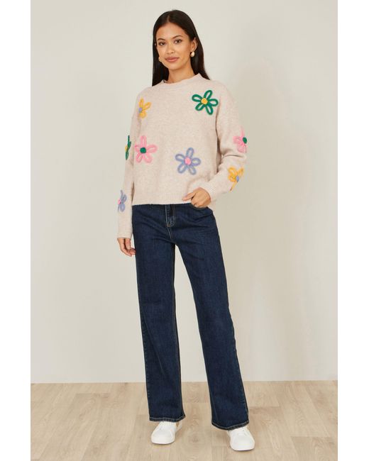 Yumi' Natural Oatmeal Relaxed Flower Embroidered Jumper