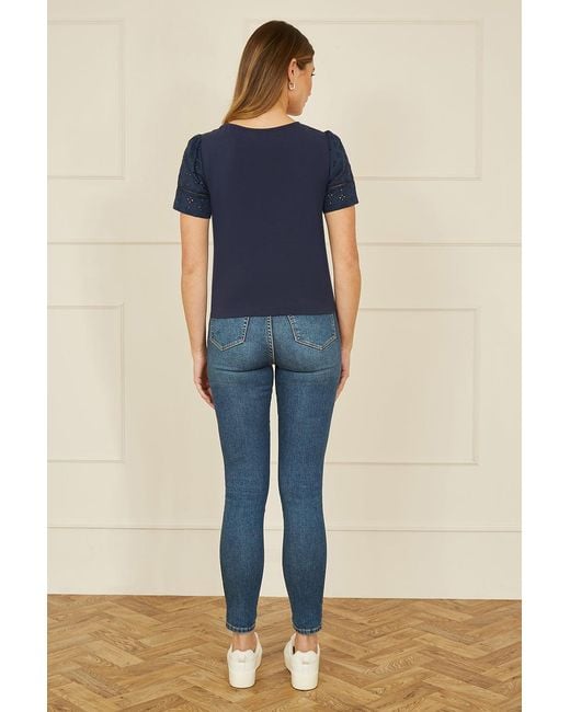 Yumi' Blue Jersey Button Detail T-Shirt With Broderie Anglaise Sleeves And Tie Front