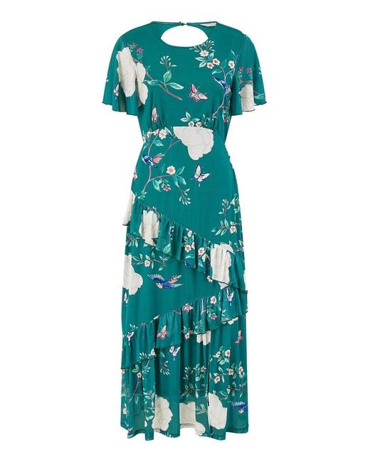 Yumi' Green Mesh Bird And Floral Print Midi Dress With Ruffles
