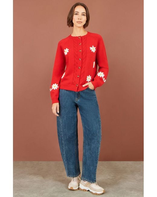 Yumi' Red Daisy Stitch Cardigan