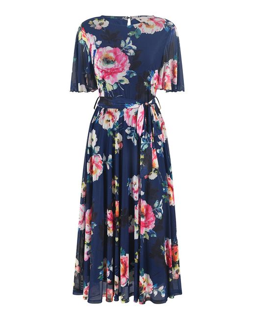 Yumi' Blue Mesh Floral Print Midi Dress With Angel Sleeves