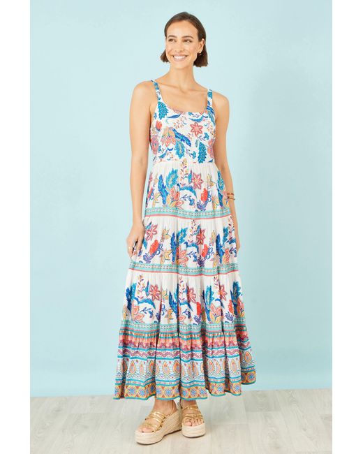 Yumi' White Boho Block Print Tiered Maxi Dress