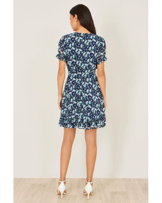 Yumi' Blue Floral Skater Wrap Dress