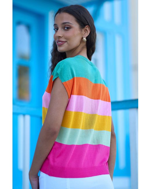 Yumi' Blue Multicolour Block Stripe Relaxed Knitted Top