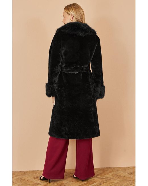 Yumi' Black Wrap Faux Fur Coat With Oversize Collar