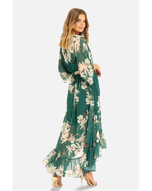 Yumi' Green Floral Kimono Sleeves Dip Hem Wrap Midi Dress