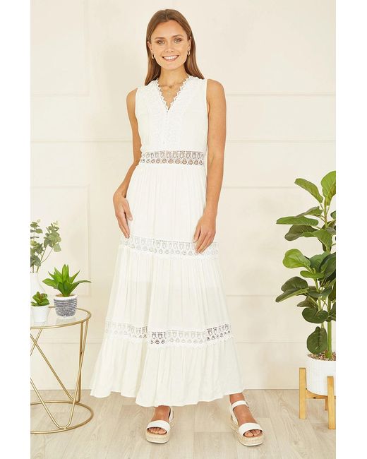 Yumi' Natural Lace Trim Cotton Midi Sun Dress
