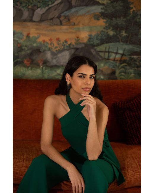 Yumi' Green Cross Over Halter Neck Jumpsuit
