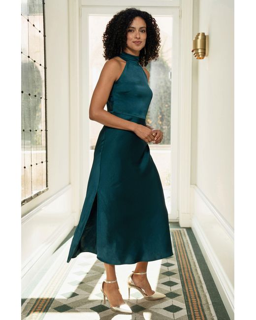 Yumi' Green Satin Halter Neck Midi Dress