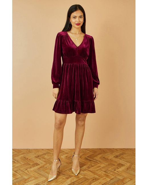 Yumi' Red Velvet Long Sleeve Skater Dress