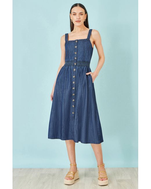 Yumi' Blue Chambray Cotton Ruched Midi Sun Dress