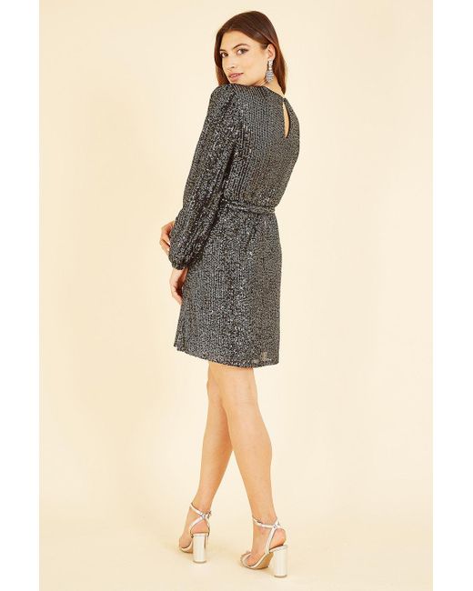 Mela Gray Sequin Belted Wrap Long Sleeve Dress