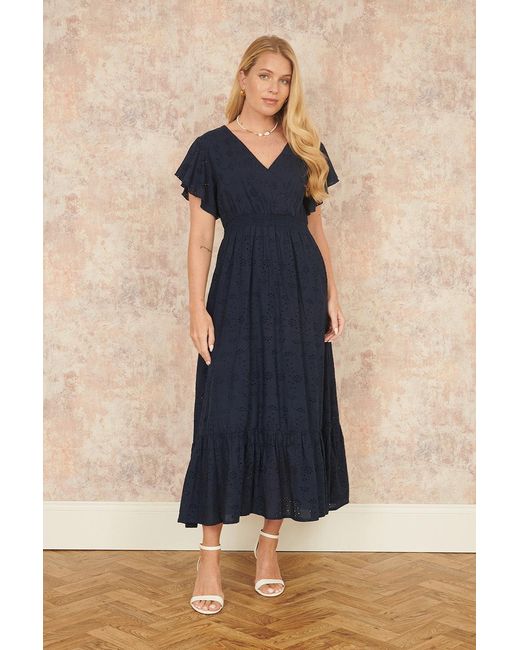 Yumi' Blue Cotton Broderie Anglaise Wrap Midi Dress