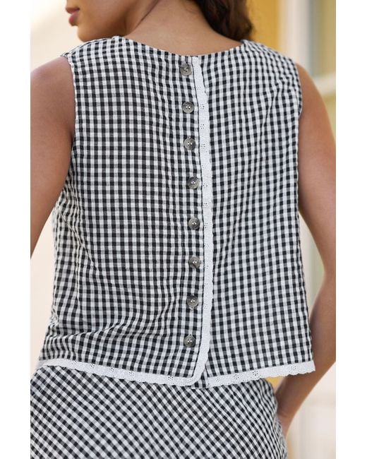 Yumi' Blue Gingham Cotton Top With Lace Trims