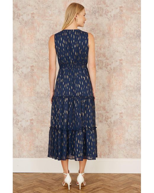 Yumi' Blue Foil Print Ruched Waist Midi Dress With Tie Notch Neckline