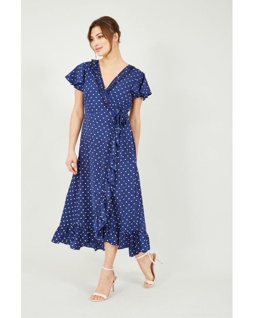 Yumi' Blue Polka Dot Frill Wrap Midi Dress