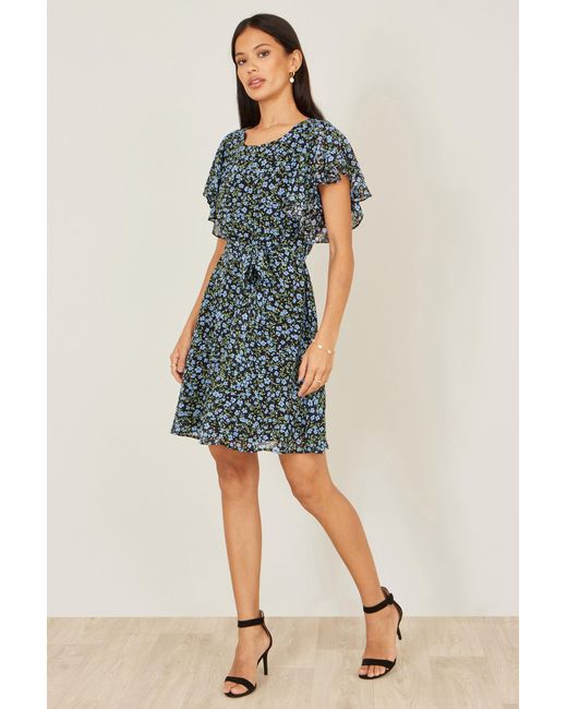Yumi' Blue Ditsy Print Floral Skater Dress