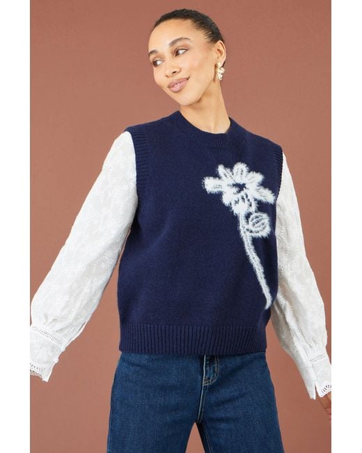 Yumi' Blue Knitted Flower Sleeveless Jumper Vest