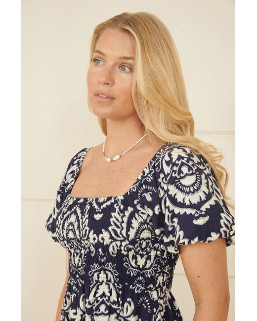 Yumi' Blue Aztec Print Ruched Midi Dress