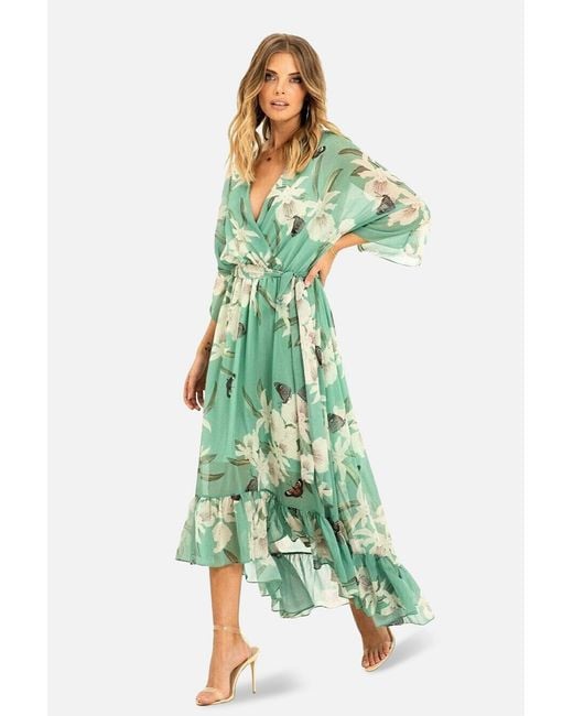 Yumi' Green Floral Kimono Sleeves Dip Hem Wrap Midi Dress
