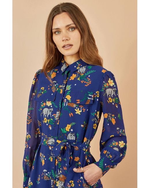 Yumi' Blue Recycled Raccoon Print Shirt Midi Dress