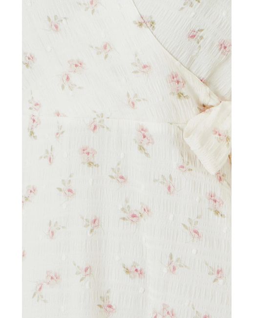 Yumi' White Rose Print Wrap Over Frill Dress