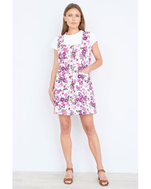 Yumi' White Retro Floral Cotton Stretch Pinafore Dress