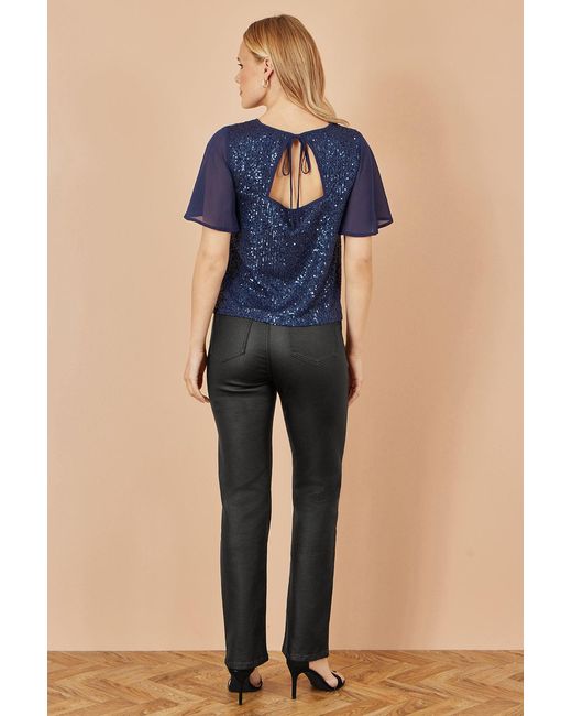 Yumi' Blue Sequin Top With Sheer Sleeves And Cut Out Back