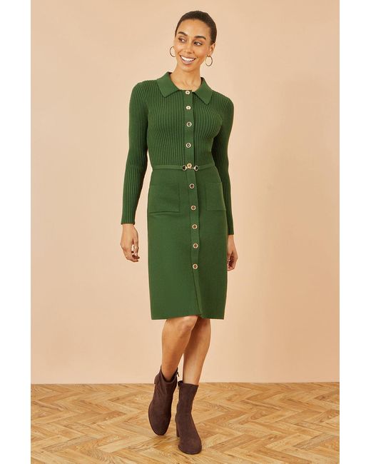 Yumi' Green Rib Knit Midi Shirt Dress With Snaffle Belt
