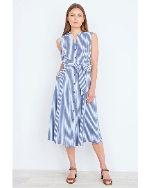 Yumi' Blue Stripe Midi Sleeveless Shirt Dress