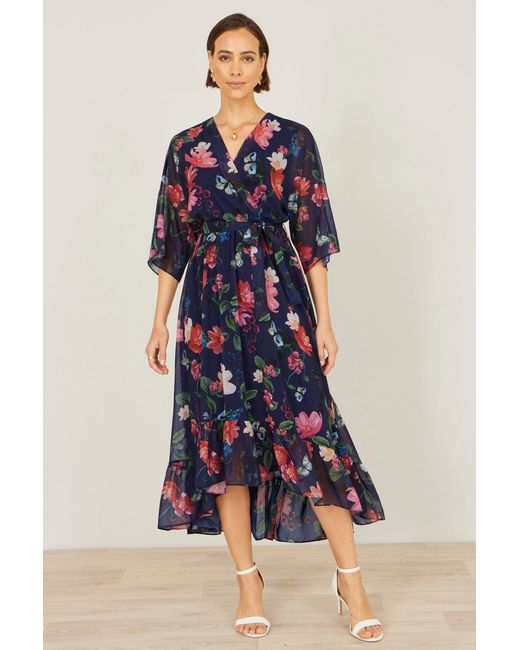 Yumi' Blue Floral Kimono Wrap Dress With Dip Hem