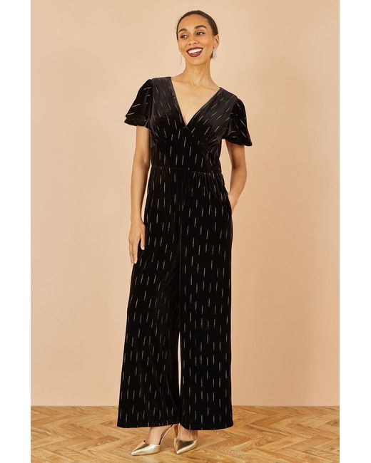 Yumi' Black Foil Print Velvet Jumpsuit