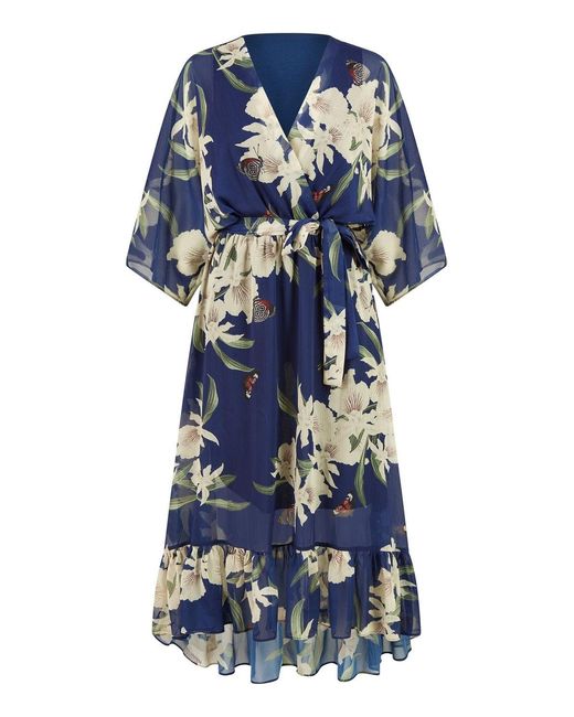 Yumi' Blue Floral Kimono Sleeves Dip Hem Wrap Midi Dress