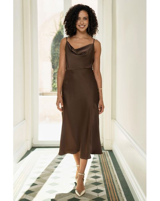 Yumi' Natural Satin Cowl Neck Midi Slip Dress