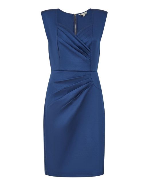 Yumi' Blue Scuba Fitted Pleat Detail Bodycon Dress