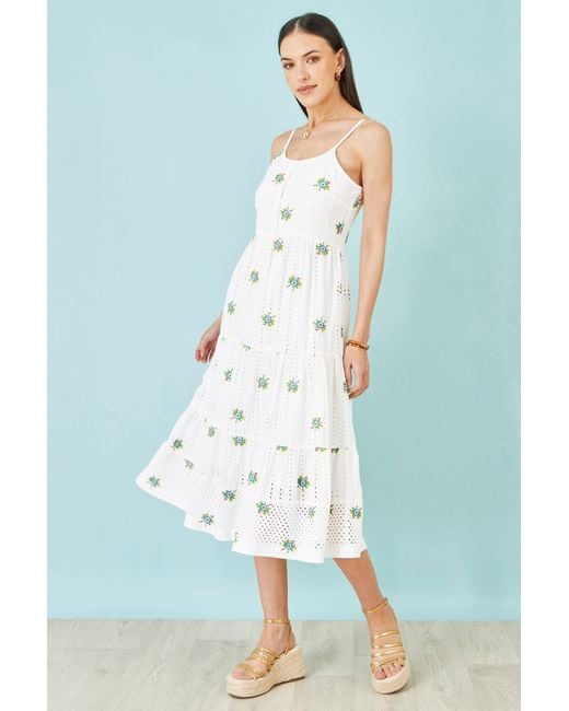 Yumi' Blue Cotton Embroidered Broderie Anglaise Midi Sun Dress
