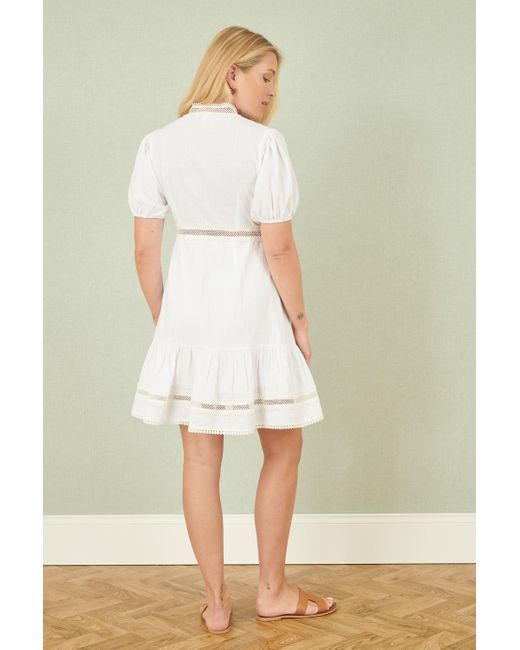 Yumi' White Cotton Lace Trim Skater Shirt Dress