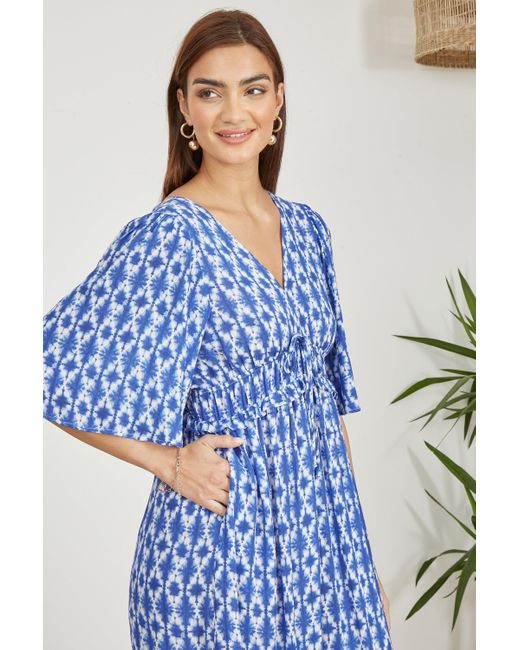 Yumi' Blue Aztec Print Maxi Dress With Cross Over Back