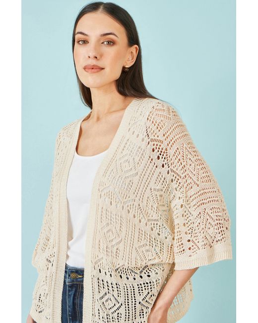 Yumi' Blue Ivory Crochet Edge To Edge 3/4 Sleeve Cardigan