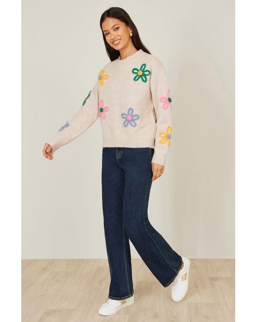 Yumi' Natural Oatmeal Relaxed Flower Embroidered Jumper