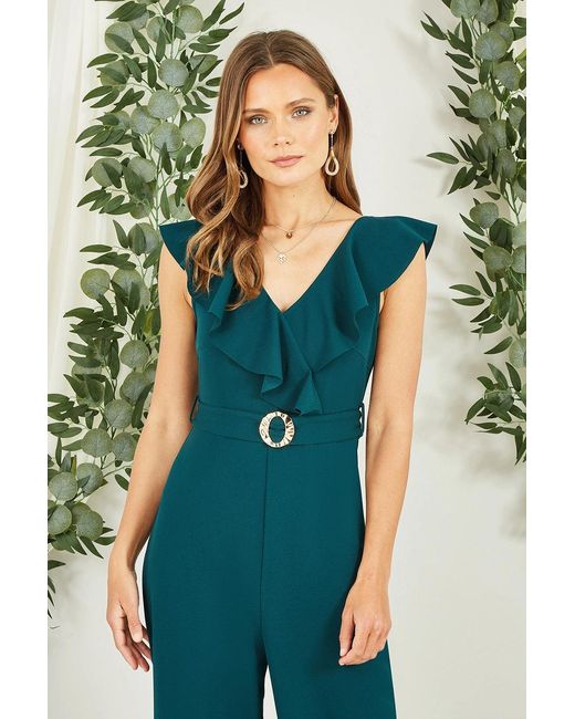 Yumi' Blue Jumpsuit With Buckle And Frill Detail