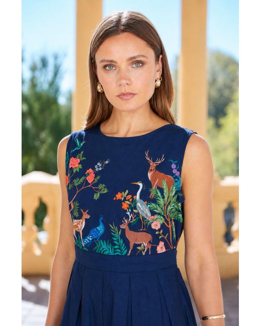 Yumi' Blue Woodland Animal Print Cotton Midi Skater Dress