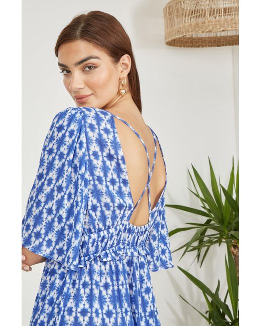 Yumi' Blue Aztec Print Maxi Dress With Cross Over Back